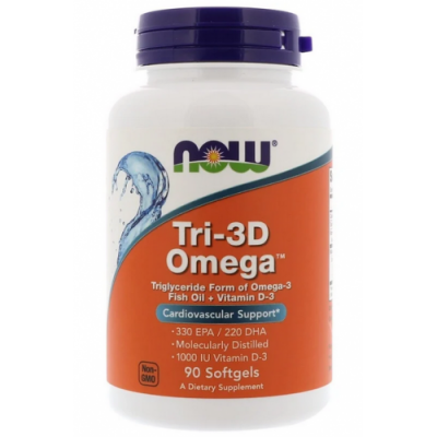 Омега-3 (330 ЕПК / 220 ДГК) + Д3, NOW, Tri-3D Omega-3 - 90 гель капс